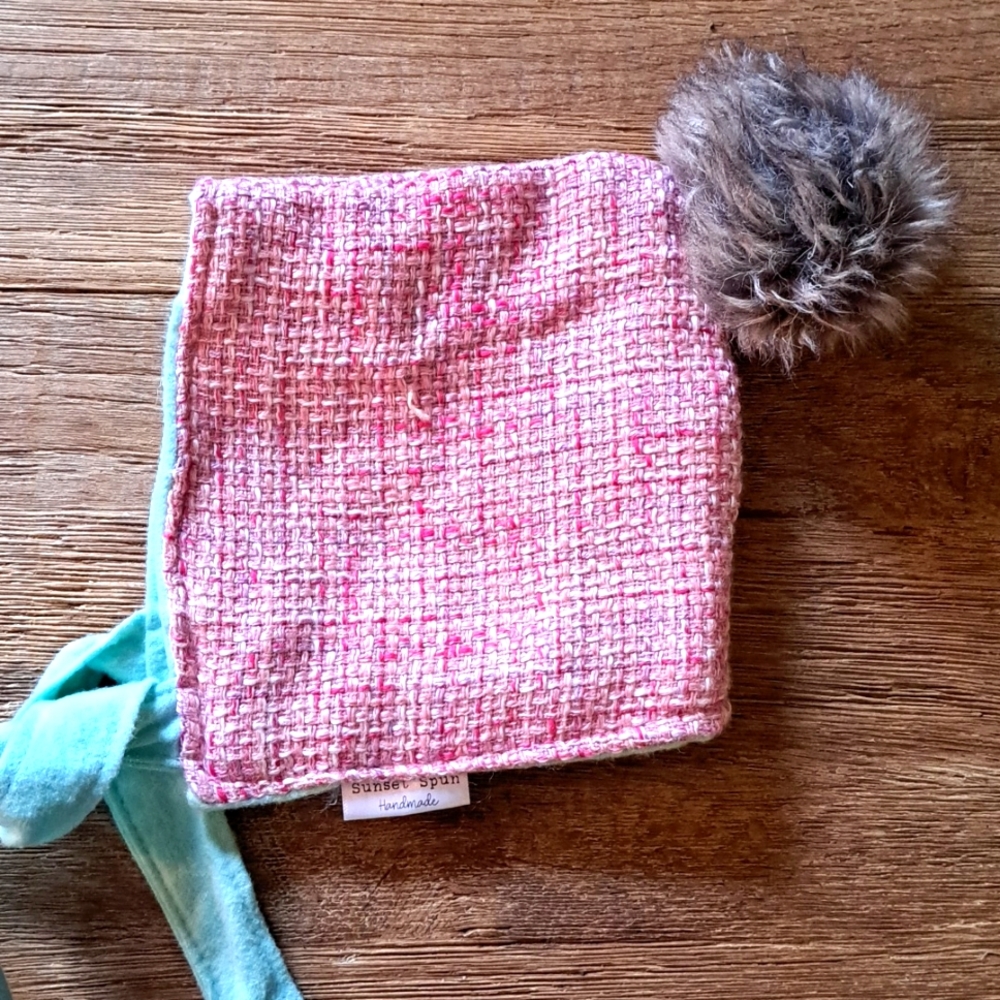 VINTAGE Pink and Robins Egg Blue lined pom pom Bonnet